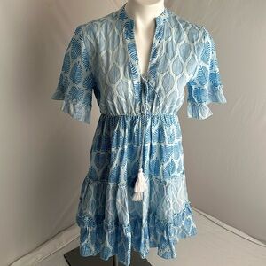 Debbie Katz Sana blue and white boho resort wear mini dress